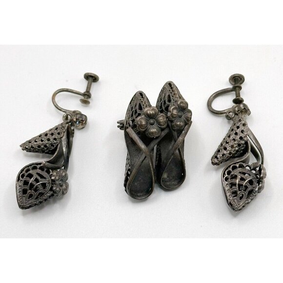 Unusual Filigree Floral Shoe Pin Brooch & Screw‎ Back Earrings - Picture 2 of 6